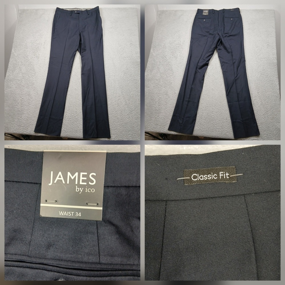 James by ICO Dress Pants Men's 34 Navy Blue Classic Fit Flat Front Slacks‎ NWT